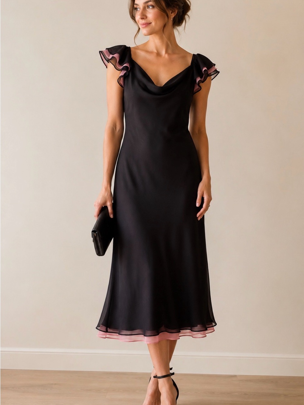 Black Off-Shoulder Midi Dress with Pink Trim By Butterfly Toronto